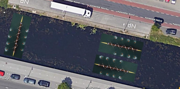 Roeiboten op juiste schaal ingetekend in het kanaal